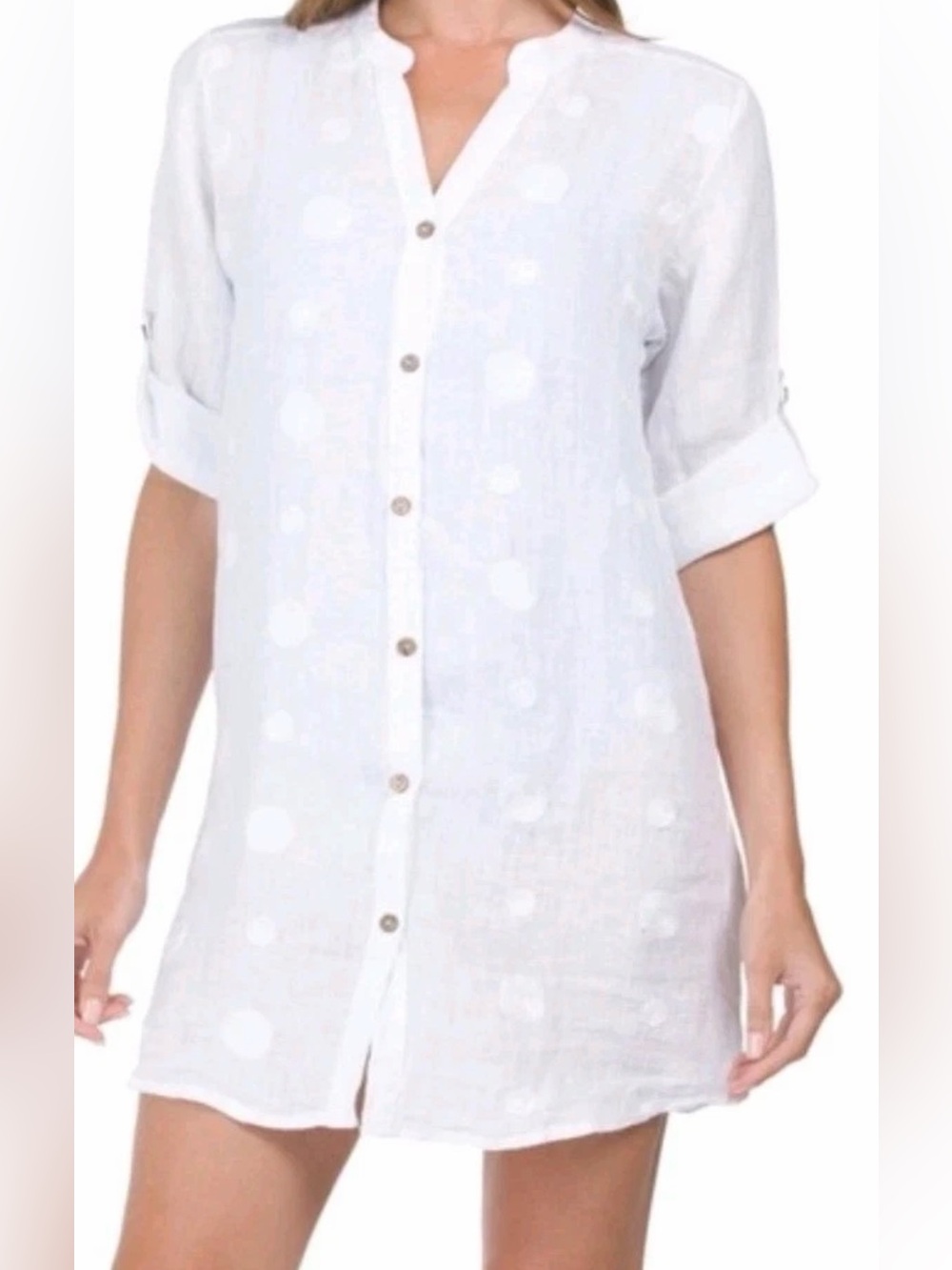 Rosemarine Italy Linen Dot Embroidered Tunic Top Large White Coastal Coverup